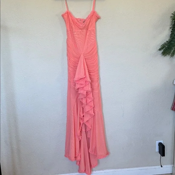 House of Cb Gabbi Peach Ruffle Front Gown Mesh High-Low Cocktail Dress NWOT M - Picture 7 of 11